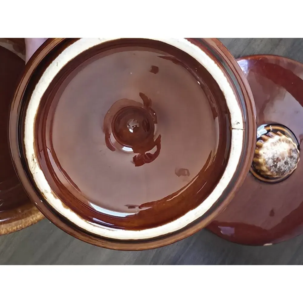 Vtg 60s Hull Oven Proof Brown Drip Glaze Soup Bowl & Lid Set Of 2